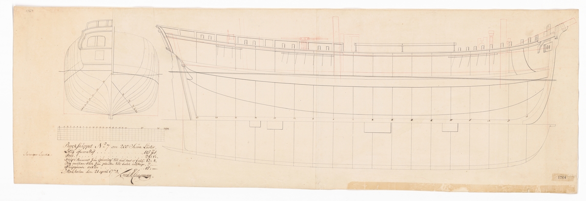 Barkskeppet SVERIGES LYCKA (1774). Profil-, spant- och linjeritning.