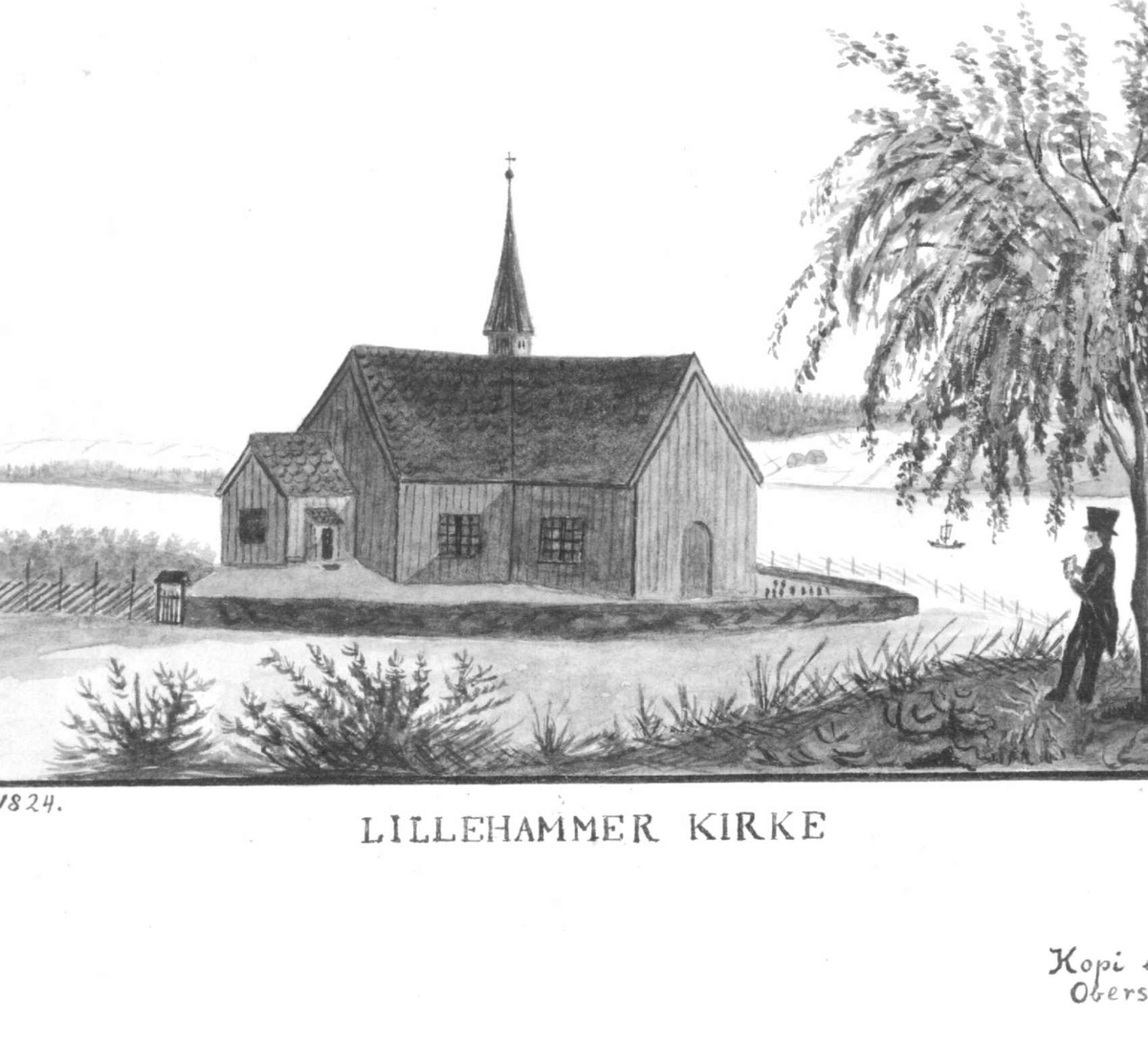 Avfotografert tegning av Lillehammer gamle kirke. 