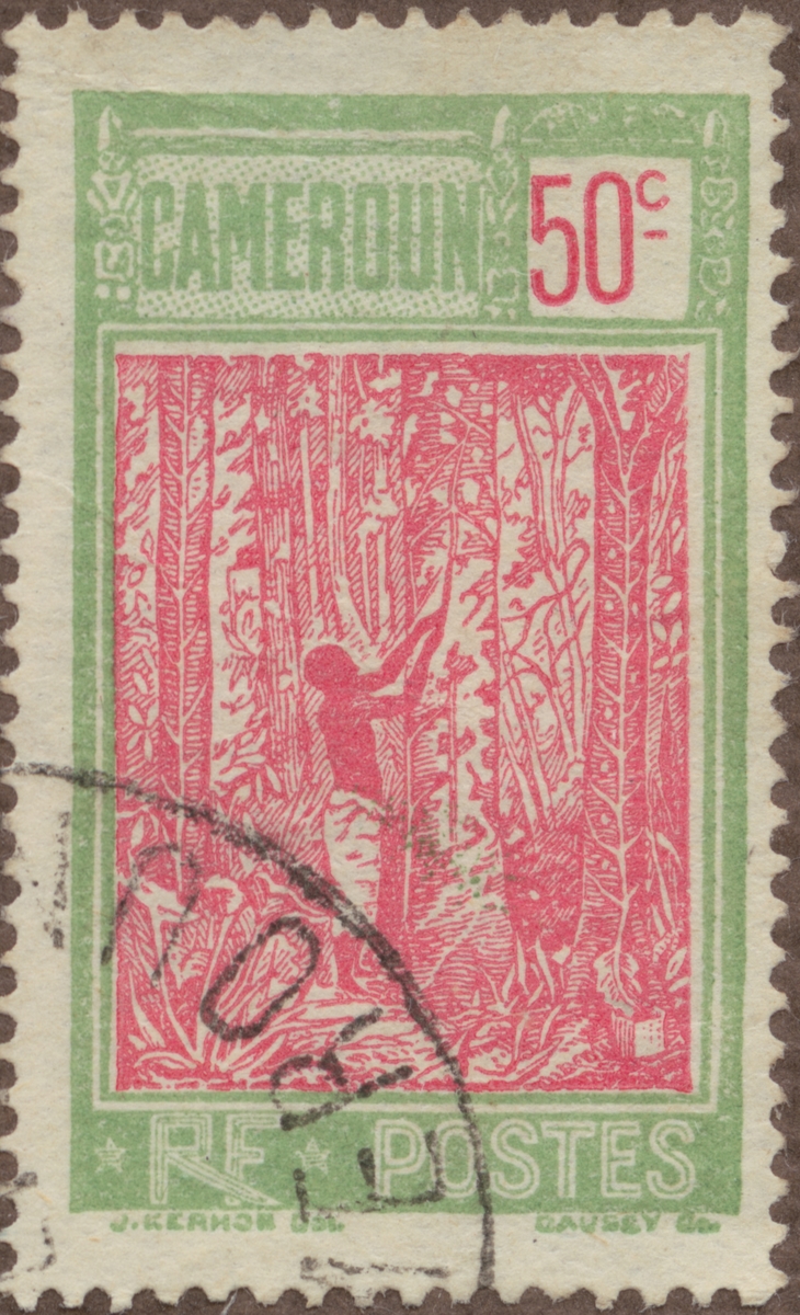 Frimärke ur Gösta Bodmans filatelistiska motivsamling, påbörjad 1950.
Frimärke från Kamerun, 1925. Motiv av gummitappning.