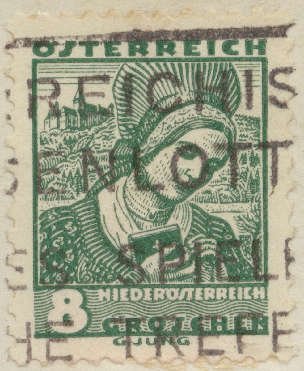 Frimärke ur Gösta Bodmans filatelistiska motivsamling, påbörjad 1950.
Frimärke från Österrike, 1934. Motiv av kvinnodräkt, Nieder Österreich.