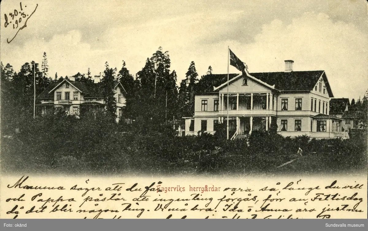 Vykort med motiv över Fagerviks herrgård i Timrå.