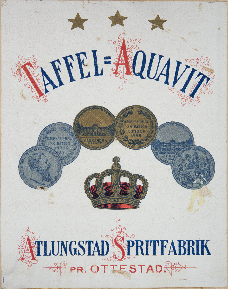 Atlungstad Spritfabrik (Atlungstad brenneri). Taffel Aquavit. Etikett med medaljer. Årgang er ukjent. 
