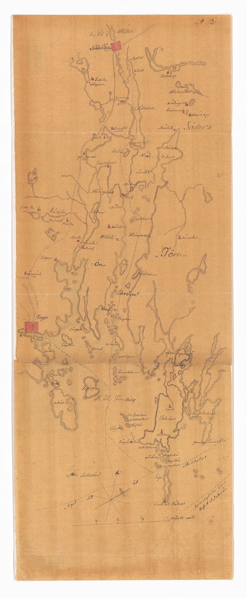 Karta över segellederna  från Södertälje till Landsort.  Tidigt 1800-tal?
Orter som är utsatta på kartan är bland annat Trosa, Mörkö, Hörningsholm och Sorunda.
