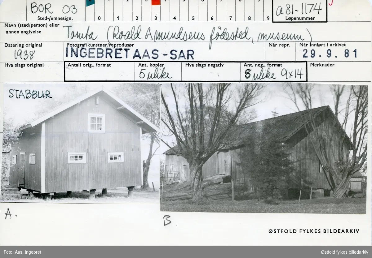 Tomta på Vesten i Borge 1938. Roald Amundsens fødested, museum. Stabbur.