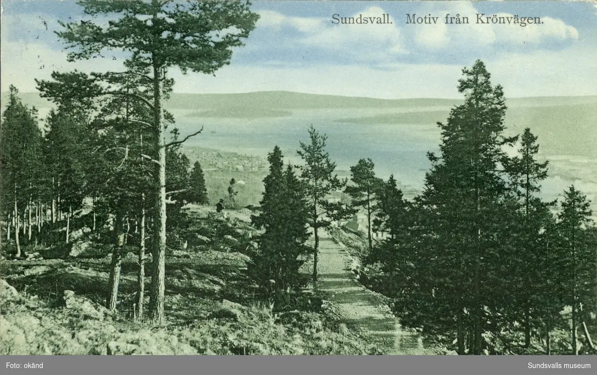 Vykort med motiv över Sundsvalls inlopp från Krönvägen.