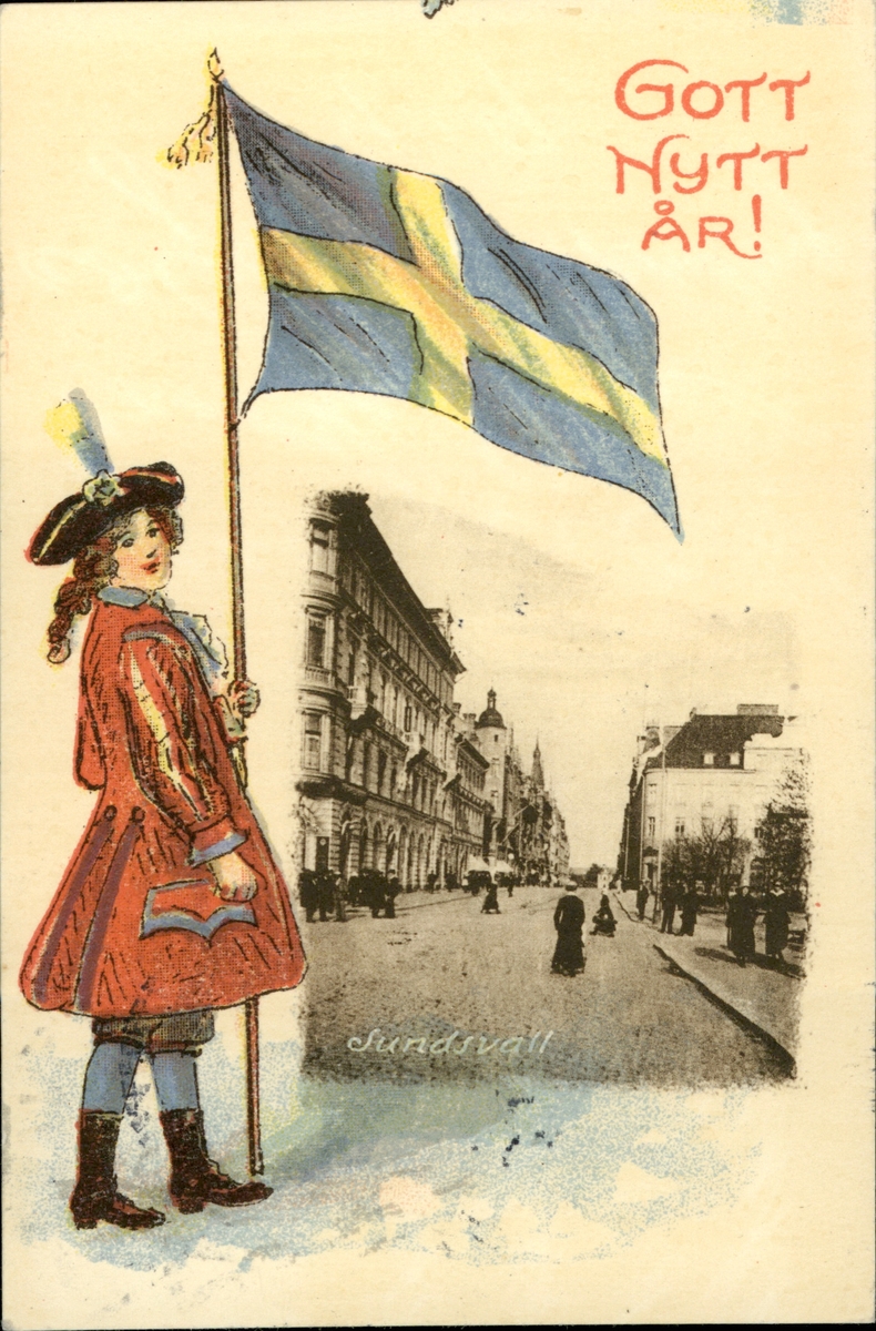 Vykort med motiv över en pojke med svenska flaggan och en infälld bild av Sundsvall med texten Gott Nytt År.