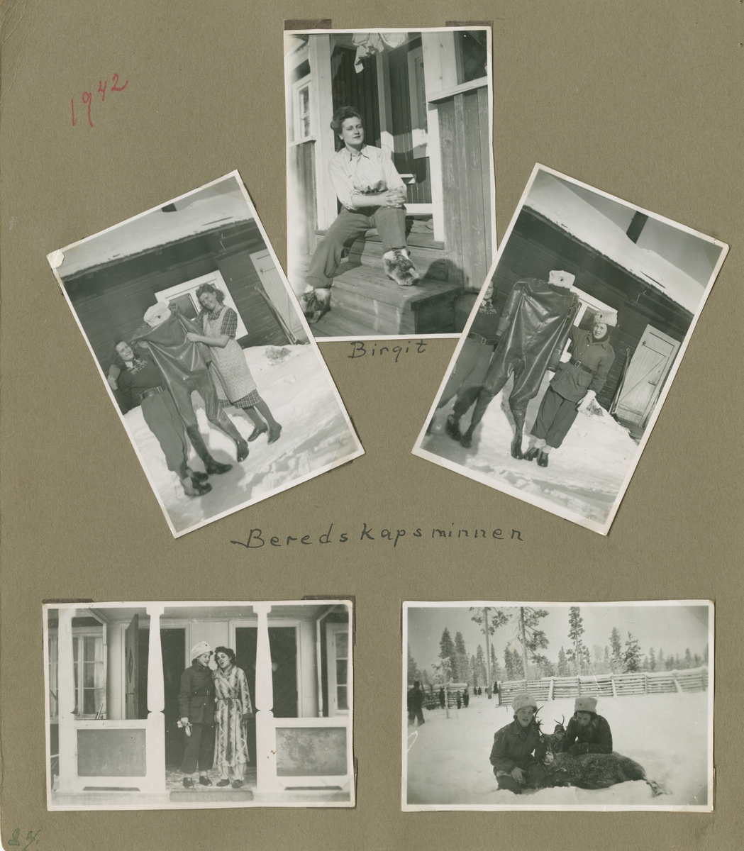 Minnen från luftbevakning i Tellejåkk under beredskapen, 1942. Fotoalbum om fem blad och tio sidor.

Foton av miljöer, förläggning, luftbevakningstorn, personer, luftbevakerskor i uniform, landskap, aktiviteter, renar och samer.