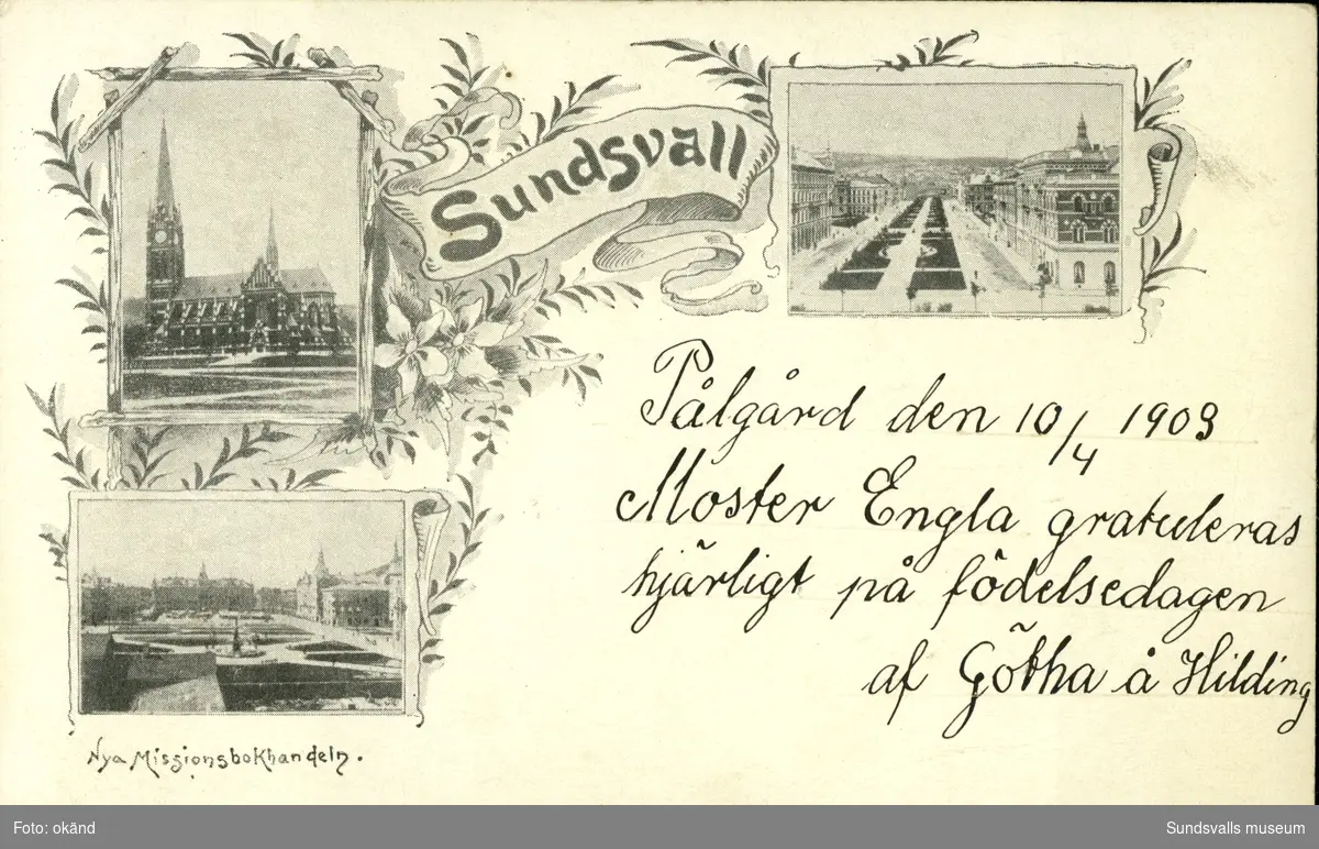 Vykort med motiv infällda av Kyrkan, Esplanaden och Vängåvan i Sundsvall.