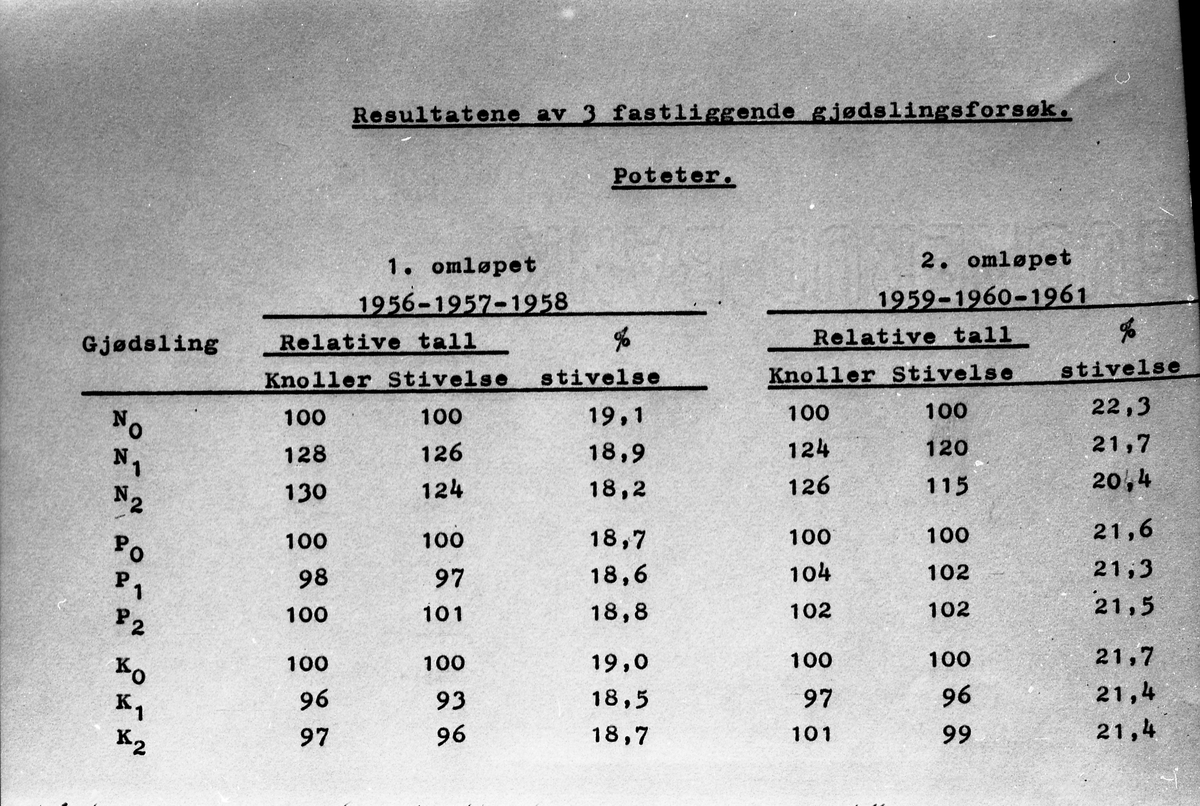 To avfotograferte ark med tabeller som viser "Resultatene av 3 fastliggende gjødslingsforsøk". Det ene arket angår korn og frø, det andre poteter.