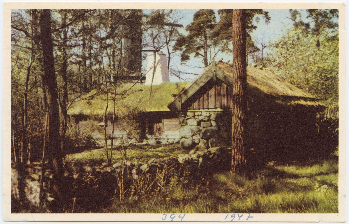 Vykort med motiv från Skansen. Hornborgastugan, Västergötland.