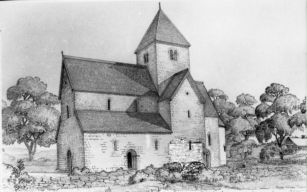 Avfotografert tegning av en gammel utgave av Hoff kirke i Østre Toten. Seks identiske bilder.