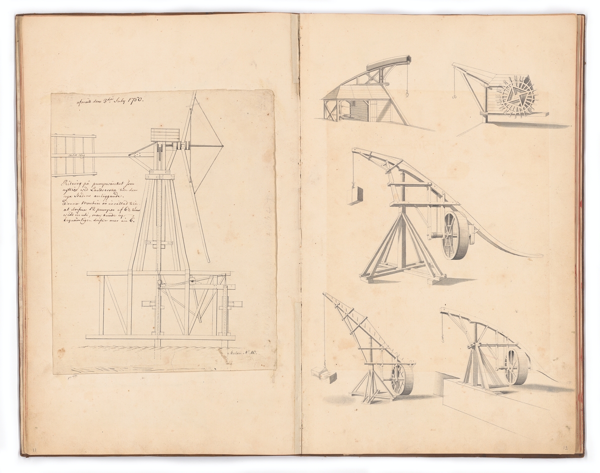 Volym med ett femtiotal ritningar, laverade illustrationer och beskrivningar av hamnkranar, pumpverk, mudderverk med mera.