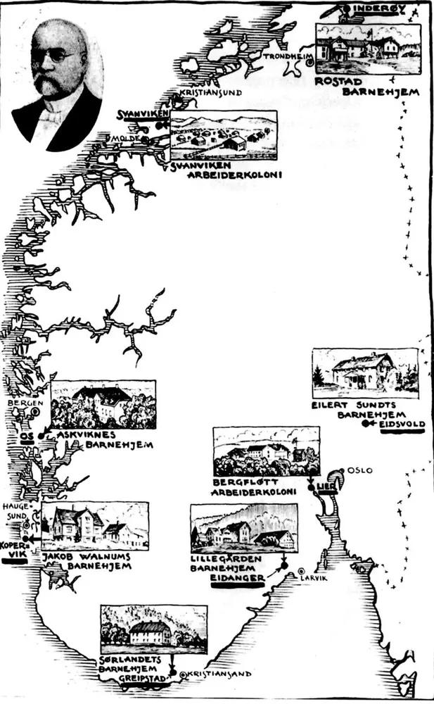 Geographic overview of the Mission’s orphanages and work camps. Photo: Norwegian Mission for the Homeless’ archives, National Archives of Norway.