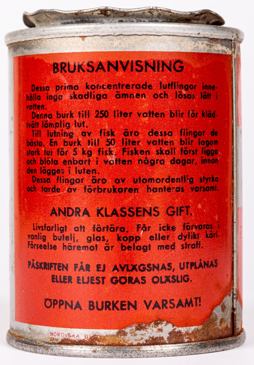 Lutflingor i röd plåtburk. 
Märke TIP-TOP från Tekniska aktiebolaget Swea, Gävle.
Bruksanvisning på baksidan.