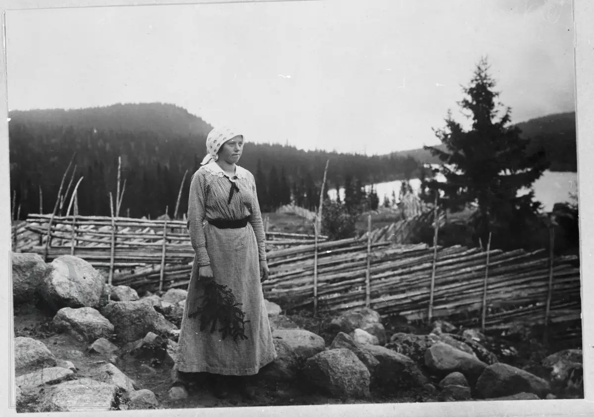 Ei jente i kjole og skaut står med en kvist i hånda. Bak henne ses stakittgjerder, skog og et vann.