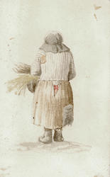 Figurbilde - En gammel kone tegnet bakfra [akvarell]