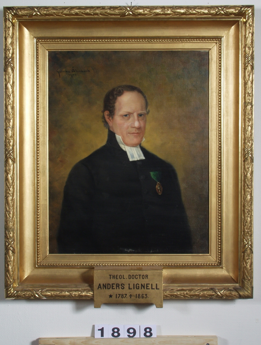 Porträtt av Anders Lignell. Lignell är avbildad i halvfigur iklädd kaftan och elva. På bröstet bär han Vasaorden i grönt band. Bakgrunden är varmt gulbrun. Signerad och daterad i övre vänstra hörnet.