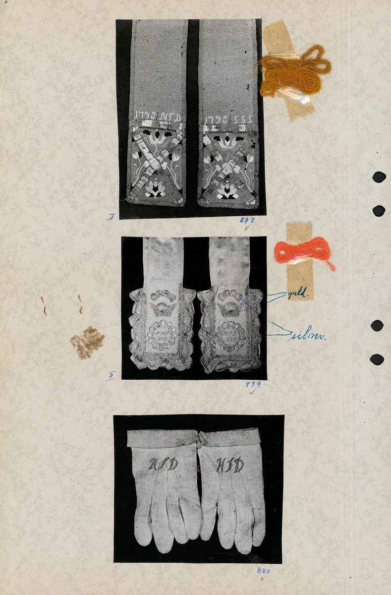 Kartongark med fyra fotografier på en livkjol, och på baksidan två på brudlister och ett på skinnvantar.