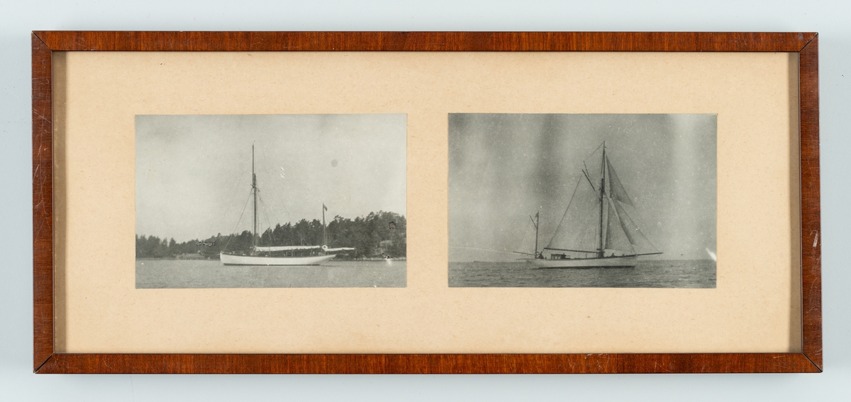 Två bilder av segelbåten Senta av Västervik som visar båten till sjöss och till ankars i en skärgårdsmiljö.