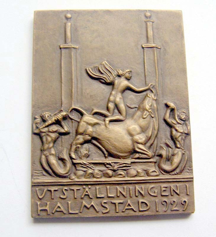 Minnesplakett i brons från utställningen i Halmstad 1929.