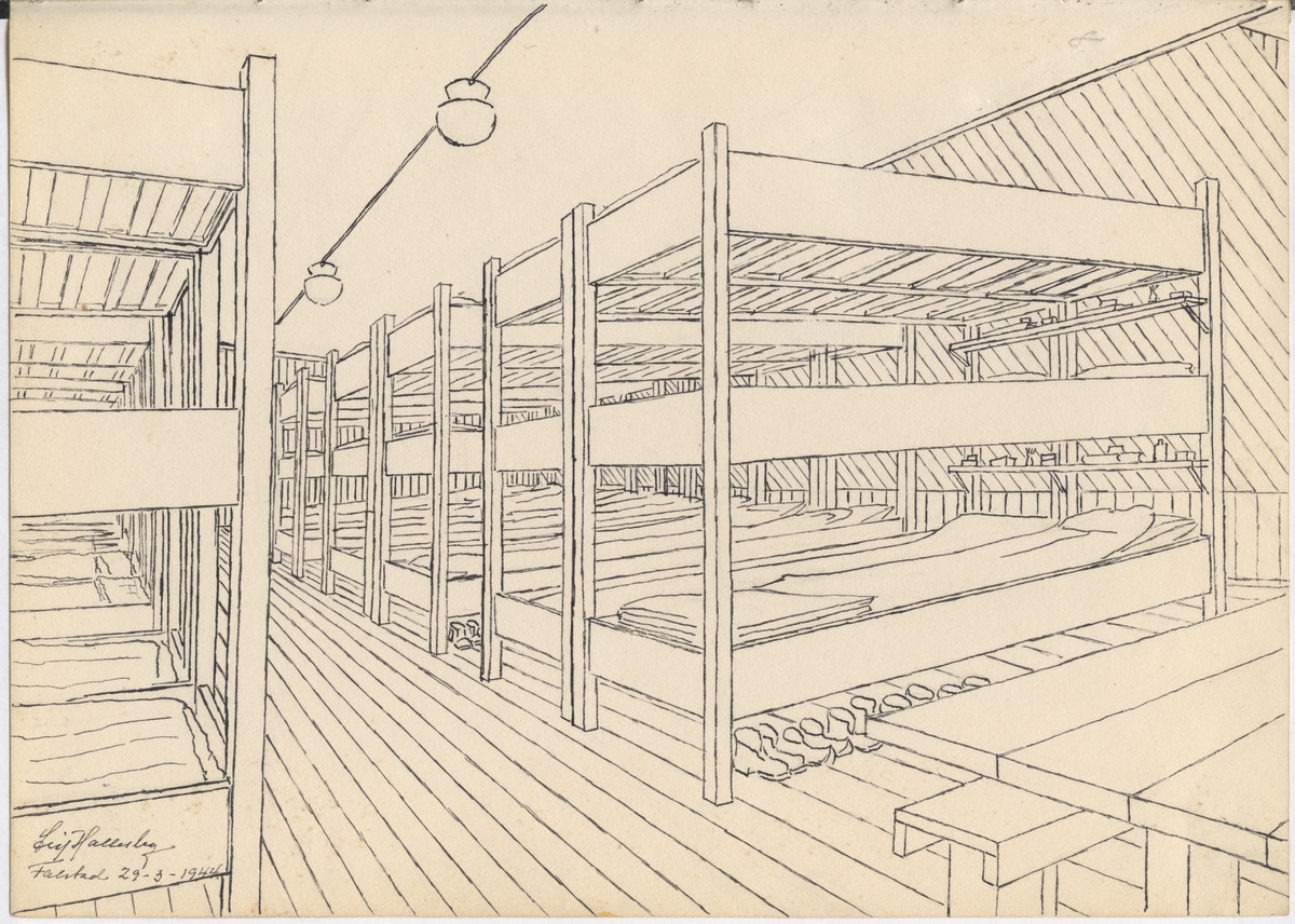 Tegning fra Falstad fangeleir, "Saal 40, 1943". Sovesal på loftet i leirens hovedbygning, med køyesenger i tre høyder. Tegninga er datert 29.03.1944, men viser situasjonen i 1943. Leif Hallesby kom til Falstad i desember 1942.