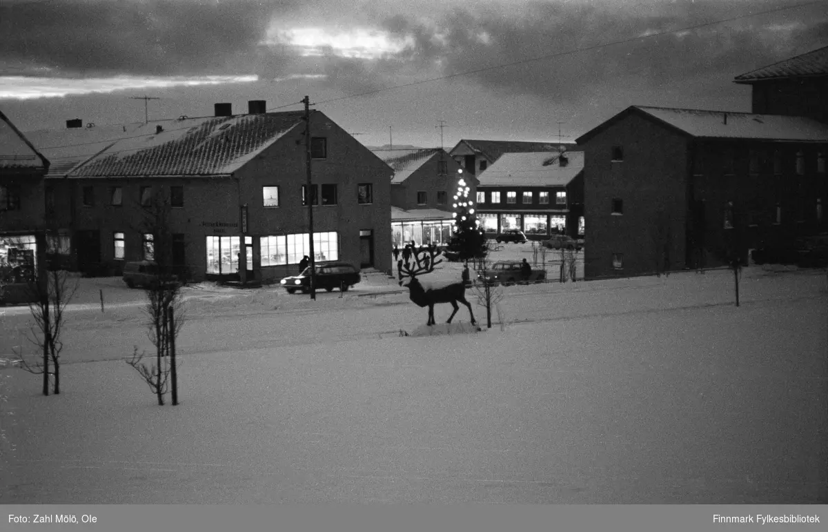Vadsø, desember 1971. Juletreet på torget. Vadsøs byvåpen; Reinsdyret. Skulptur av Skule Waksvik.
