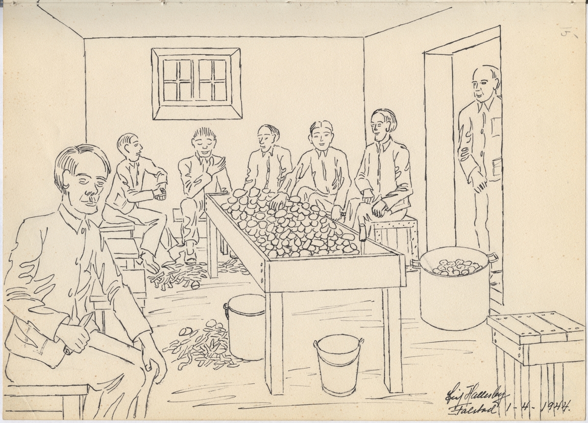 Tegning fra Falstad fangeleir, "Potetkjelleren". Fanger skreller poteter i kjelleren i leirens hovedbygning. Leif Hallesby kom til Falstad i desember 1942, og var der til mai 1944. Tegninga er datert 01.04.1944, men kan vise en tidligere situasjon.