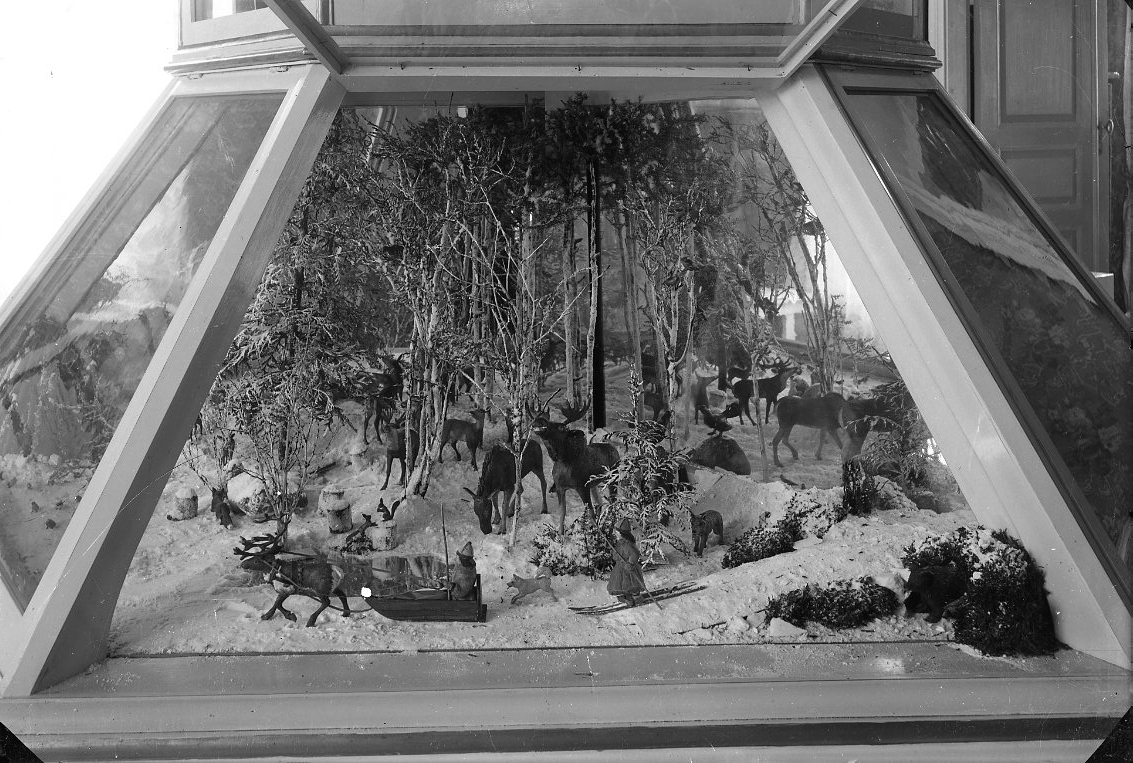 Fotografi av Fredrik Hård af Segerstads diorama med skulpterade figurer från livet på landet i Reaby och i landet generellt: "Biologi i skulptur". I dioramat syns ett vinterlandskap med älgar, renar och samer.