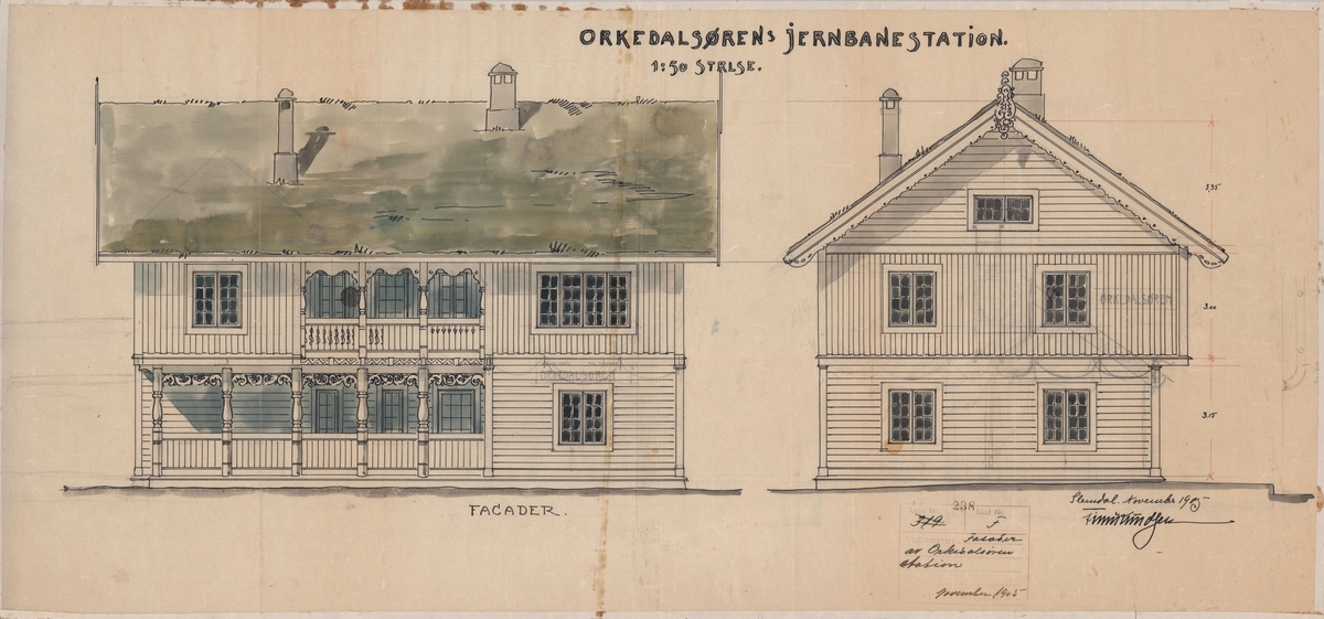 Fasader av Orkanger stasjon. [Tegning]
