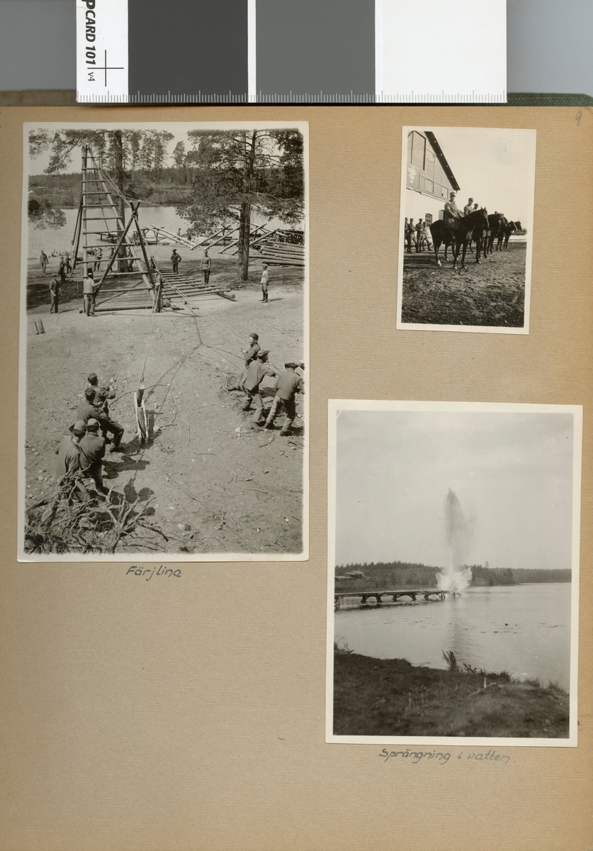 Text i fotoalbum: "Sommaren 1929. Fältbro vid Bjälmen. Sprängning i vatten."