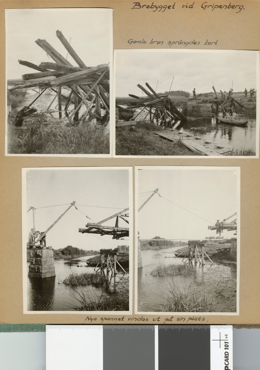 Text i fotoalbum: "Brobygget vid Gripenberg. Gamla bron sprängdes bort."