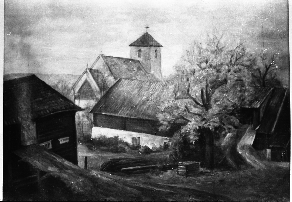 Avfotografert tegning av Hoff kirke og deler av den gamle bebyggelsen i Hoff Prestegård.