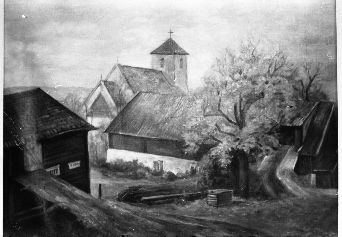Avfotografert tegning av Hoff kirke og deler av den gamle bebyggelsen i Hoff Prestegård.