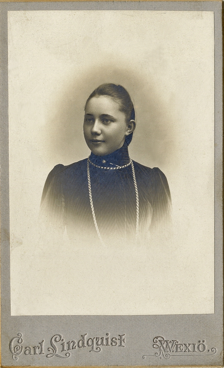Foto av en ung kvinna i mörk, randig klänning med hög krage. Vid kragen syns en brosch och en halskedja.
Bröstbild, halvprofil. Ateljéfoto.