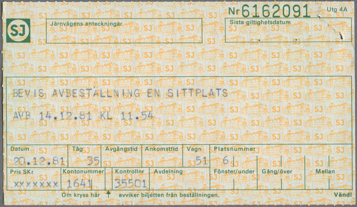 En biljett med två bilagor:
En sittplatsbiljett med 100 procent rabatt i 2.a klass för sträckan Stockholm C till Alvesta. Avgångstiden är 13.22 och ankomsttiden är 17.55. Biljettens pris är 0 kronor. Längst upp till vänster finns en häftklammer. På baksidan finns reseinformation i grön text.

En sittplatsbiljett i 2:a klass för sträckan Stockholm C till Alvesta. Avgångstiden är 13.22 och ankomsttiden är 17.55. Biljettens pris är 8 kronor. På baksidan finns reseinformation i grön text.

Ett bevis för avbeställning av en sittplats. Avbeställningen gjordes 1981-12-14 klockan 11.54. På baksidan finns reseinformation i grön text.