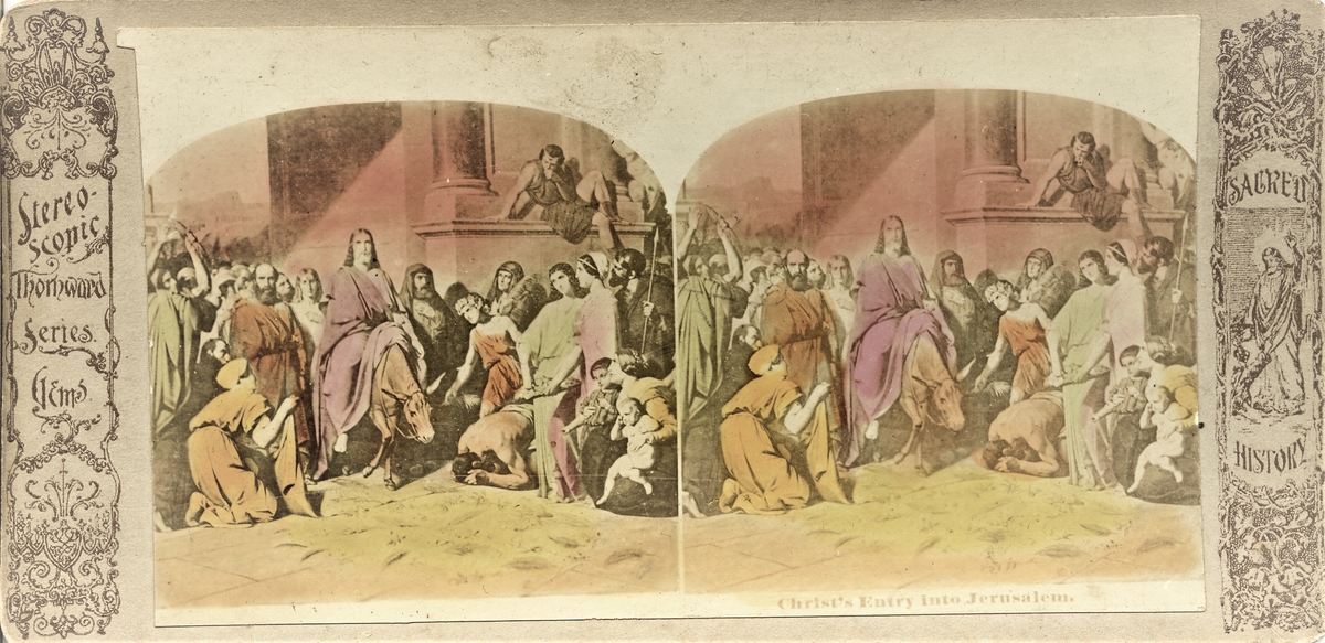 Stereofotografi av en tegning av Jesus som rir inn i Jerusalem.