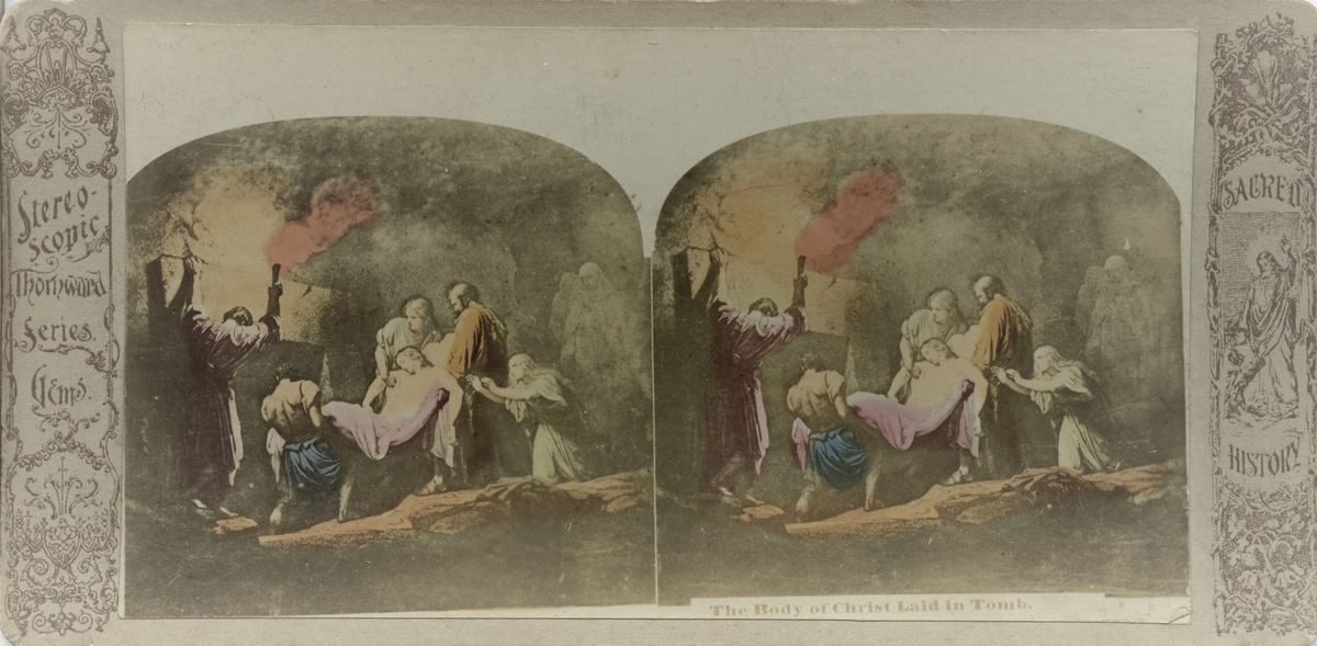 Stereofotografi av en tegning av Jesus Kristus som bæres inn i gravkammeret.
