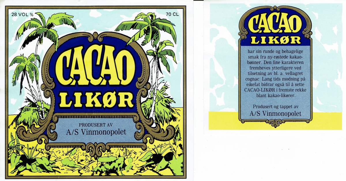 Cacao-Likør.  Produsert og tappet av A/S Vinmonopolet .28 vol% Etikett fra 1985. 
