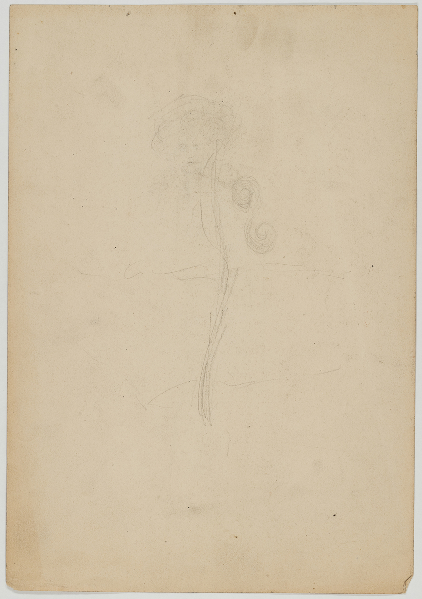 Skisse/ blyant- og pennetegning av stående kvinne i profil, iført hatt og lang kåpe. 
Baksiden har en svak skisse av en stående kvinne. 