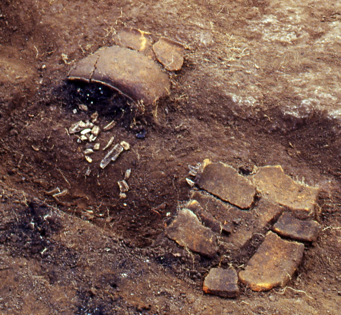 En kollapsad kruka med brända ben från gravfältet RAÄ Rogberga 19, L1973:5423 i Bogla i Rogberga socken, Jönköpings kommun.