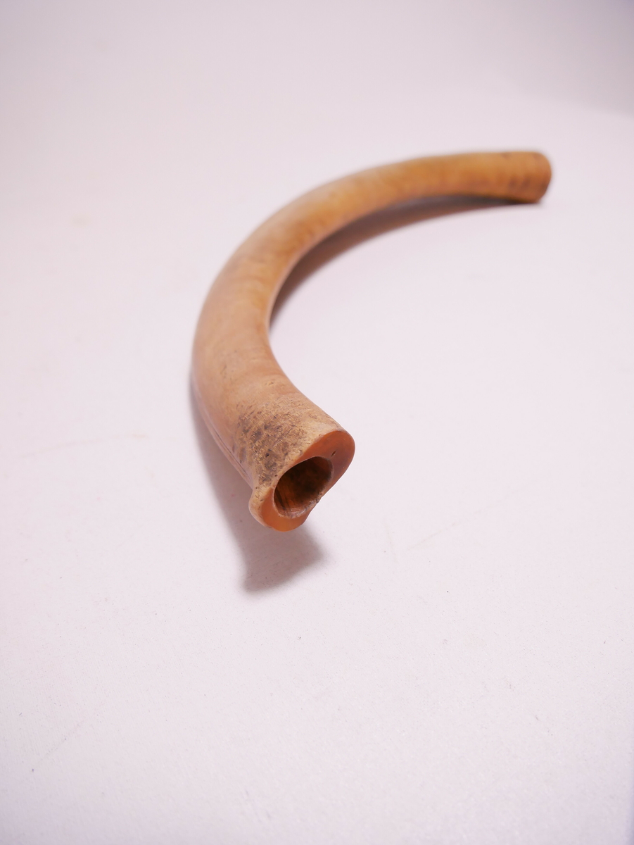 Form: Horn med 2 hol. Pussa og dekorert med rankeornament (innskore). 