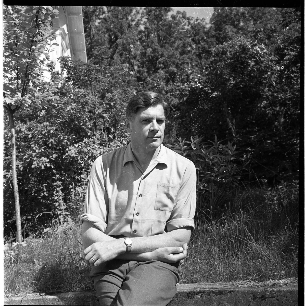 Porträtt av veterinär Bengt Lycken. Han sitter med uppkavlade ärmar på betongmur till en trädgård. Det är sommar.