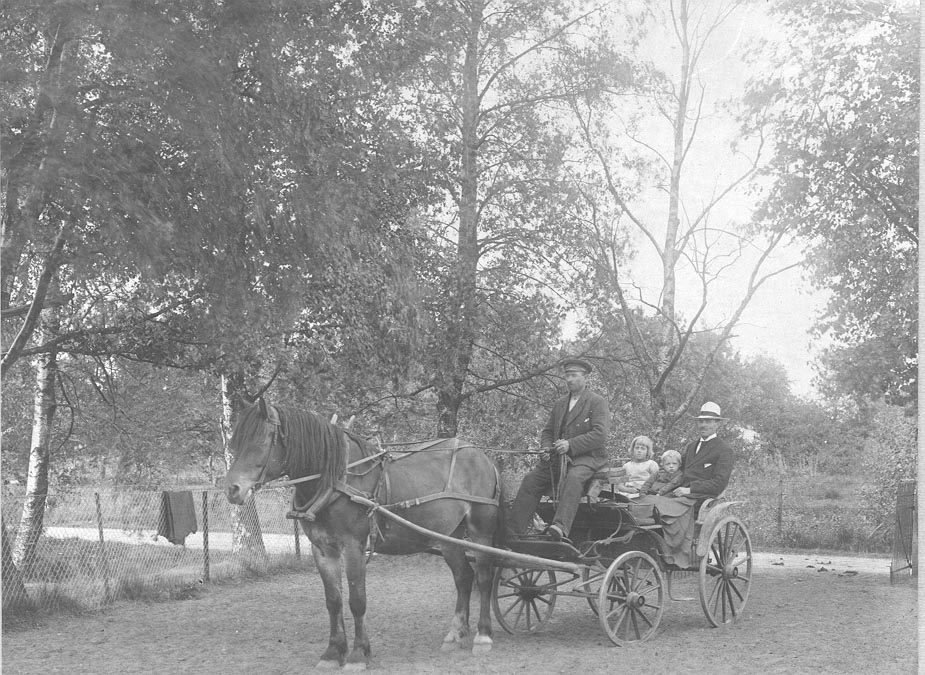 Jørgen Ekroll med barn kjører hest og kjerre. Ekroll var lærer og klokker i Borge.
