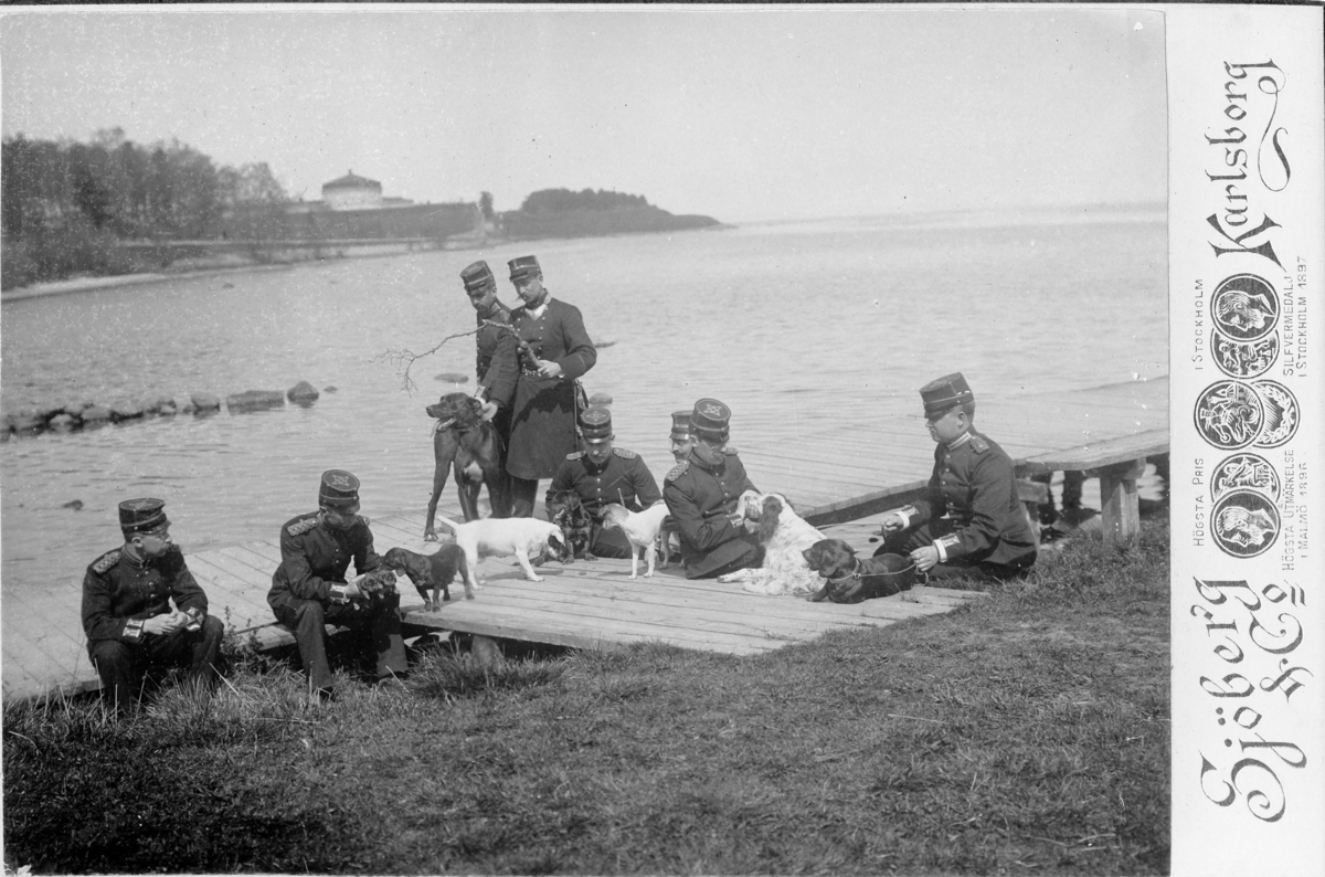 Gruppbild med hundar tagen utanför Karlsborg