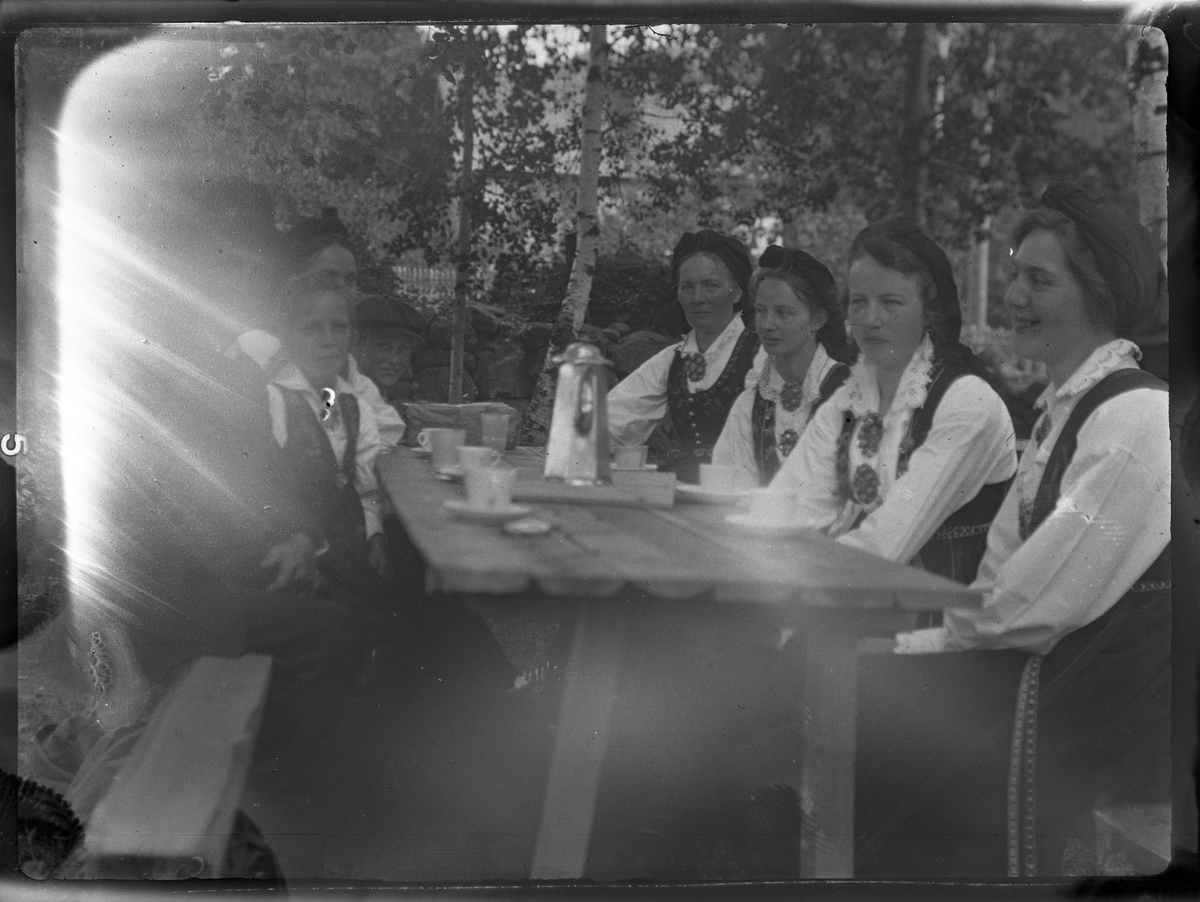 Fotosamling etter Bendik Ketilson Taraldlien (1863-1951) Fyresdal. Gårdbruker, fotograf og skogbruksmann. Fotosamlingen etter fotograf Taraldlien dokumenterer områdene Fyresdal og omegn. 
Gruppeportrett, kvinner i folkedrakt.