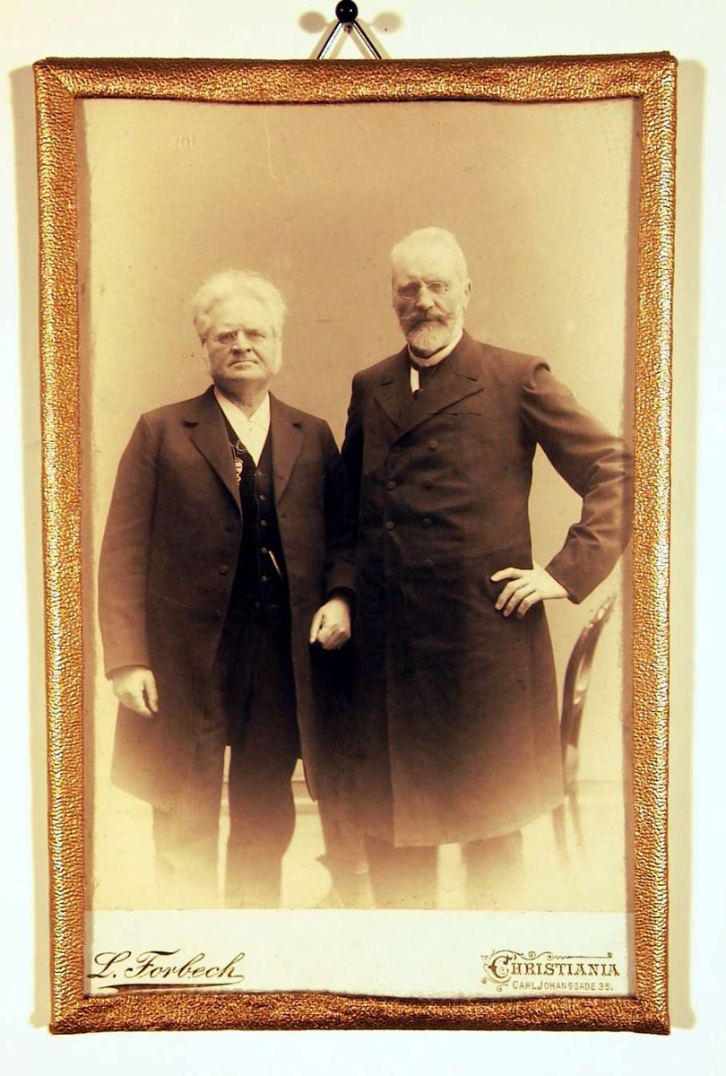 Dobbeltportrett av to eldre herrer stående med stuevegg i bakgrunnen. De ser begge direkte på betrakteren.