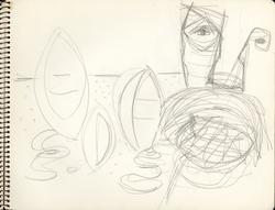 Mannsfigur og båter på strand [Tegning]