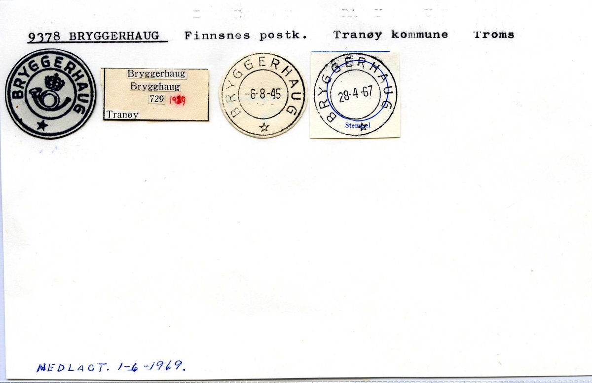 Stempelkatalog, 9378 Bryggerhaug. Finnsnes postkontor. Tranøy kommune. Troms fylke.