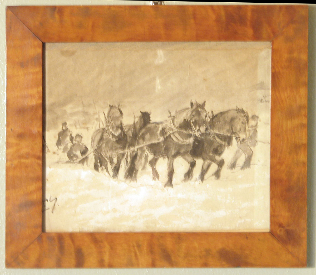 Rektangulær. 4 hester i spann mot h., 3 menn, sne, mørk himm.

