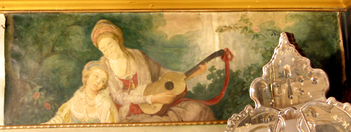 2 figurscener i landskap,polykrome, halvfigurer: A: 2 kvinner, den ene med gitar; B: mann og kvinne